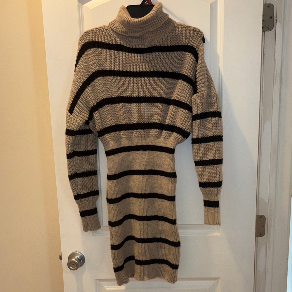 **Never Worn - Striped Turtleneck Sweater Dress - Black and Tan
